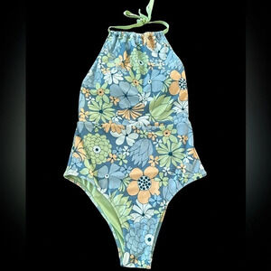 Aerie size small Blue Floral Cheeky One Piece Swimsuit Halter Tie Boho Swim S